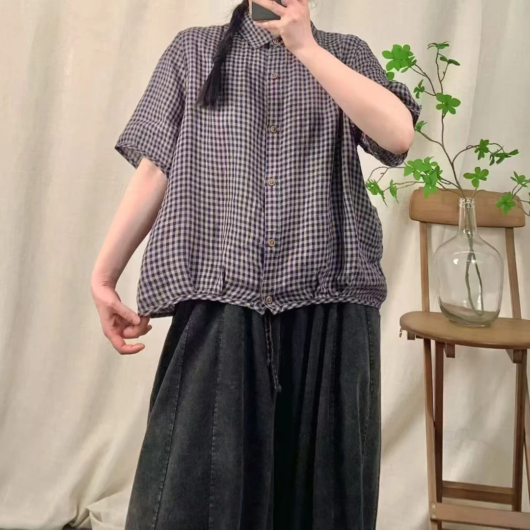 亚麻炒色原创复古格子显瘦百搭净版圆领休闲简约宽松小衫 1115