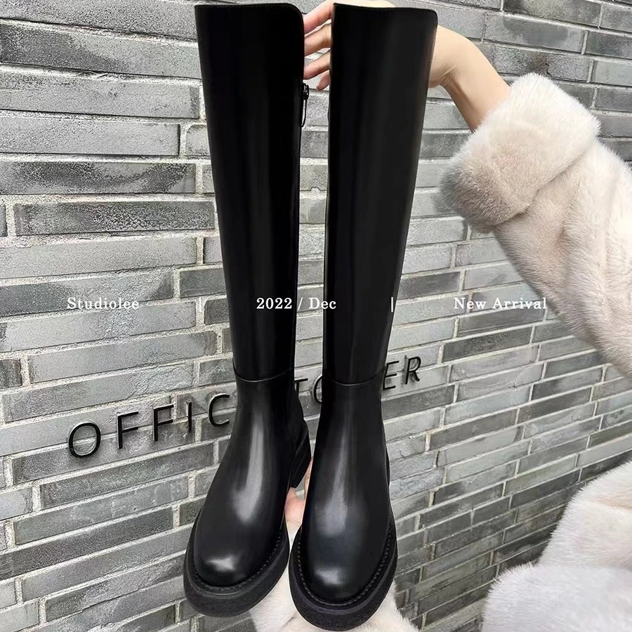 葡萄妈同款 2025年新款厚底小个子中长筒靴弹力骑士靴女秋冬真皮