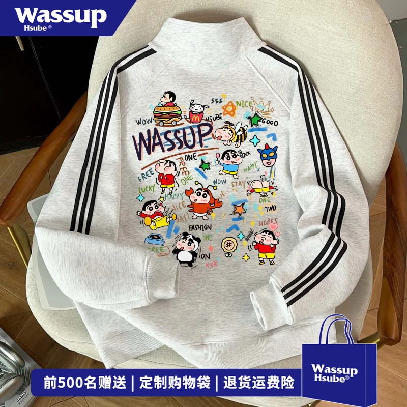 WASSUP HSUBE秋冬潮牌ins三条杠外套原创小新印花开衫卫衣男女装