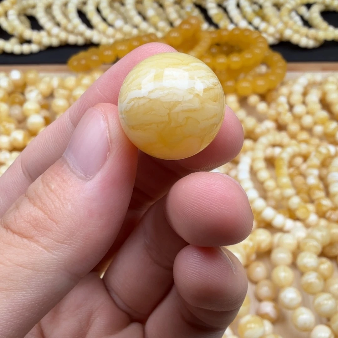 手串蜜蜡未镶嵌18.5mm俄料瓷白花虎皮纹珠子