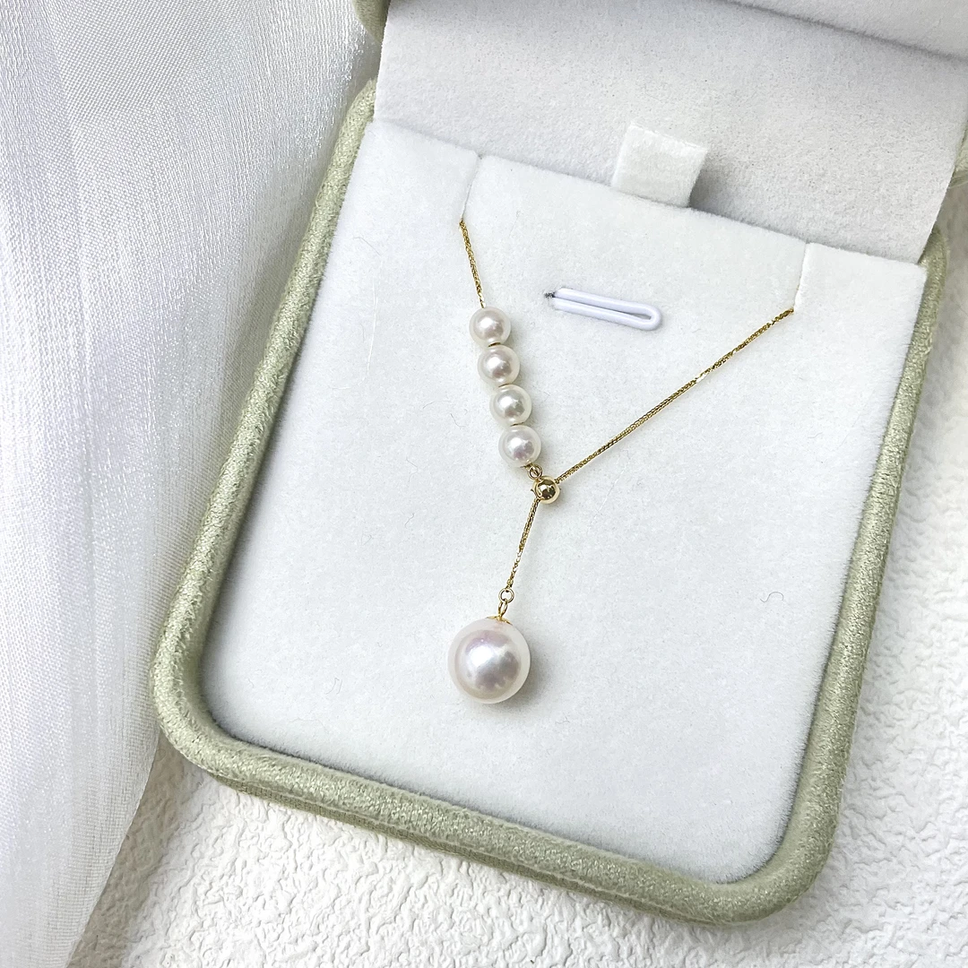 「人鱼泪」18K金海水Akoya珍珠4-5/8-9mm人鱼泪Y字项链 可调节