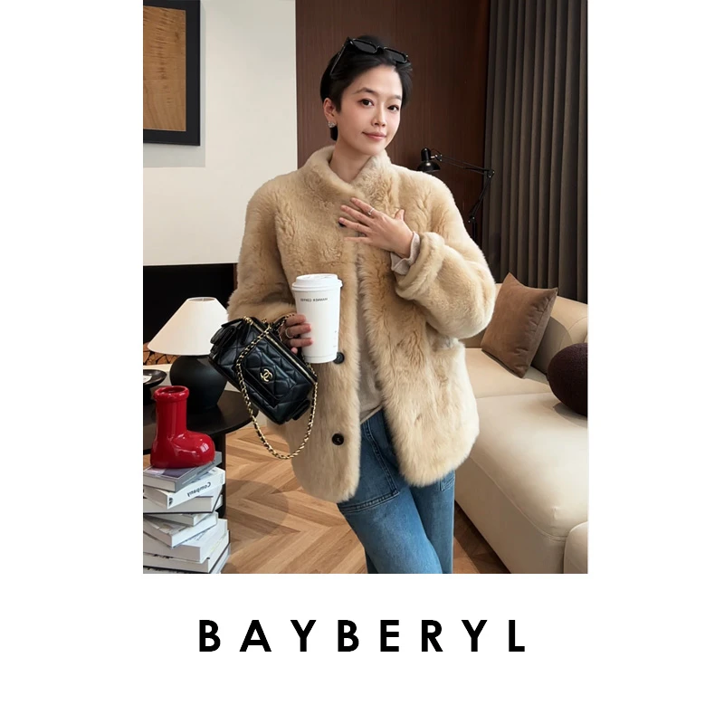 BAYBERYL老贝森月驼*拉贡羊绒立领排扣厚一体皮衣PY5L2041-12/31