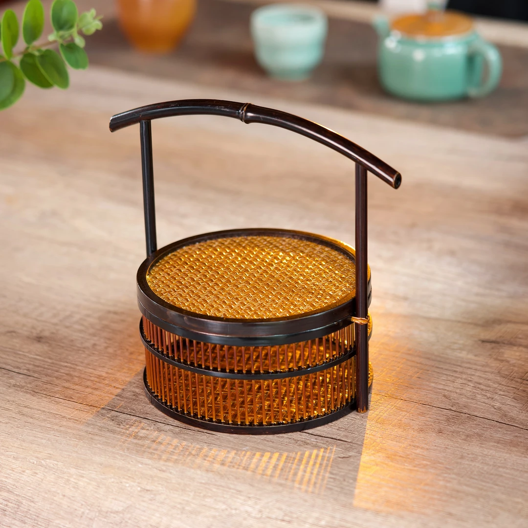 新款紫竹带把手单层镂空收纳盒圆形复古竹编提篮带盖食盒便携纯
