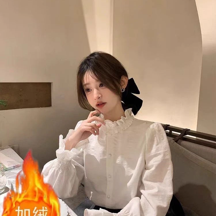 木耳边花边白色衬衫女装新款早春小香风上衣叠穿内搭打底衬衣秋冬