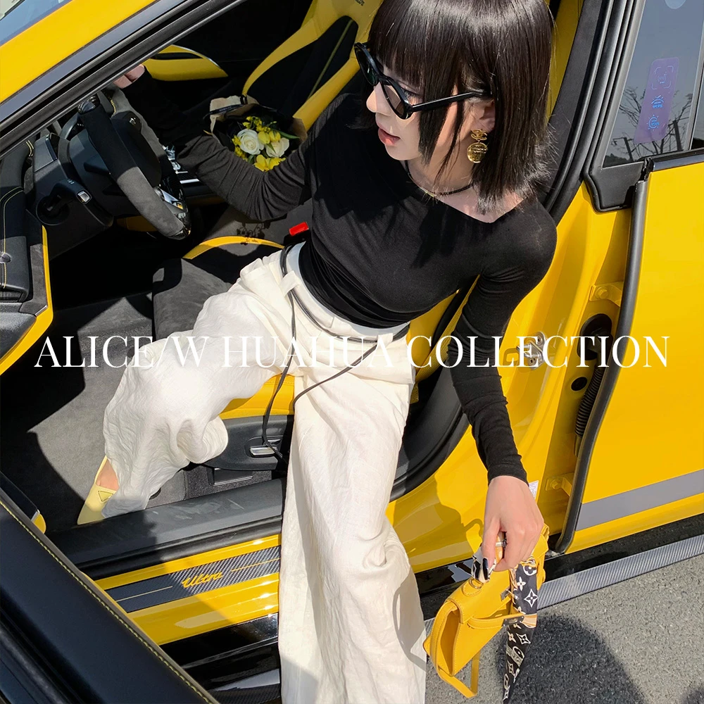 【花粉专享】性感一字肩黑色长袖上衣女春季防晒轻薄修身T恤