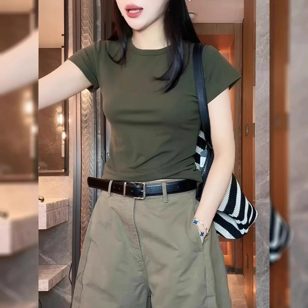 芊芊芙复古绿色正肩短袖t恤女夏季圆领体恤衫韩系修身短款上衣潮