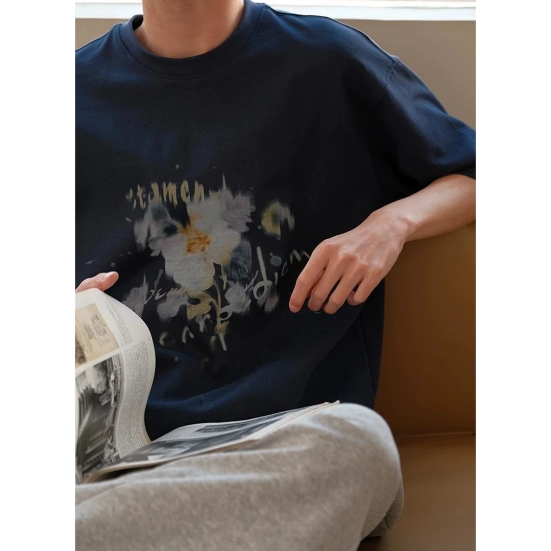 【重磅纯棉】300G夏季新款原创手绘幻影花卉宽松圆领短袖T恤日系男