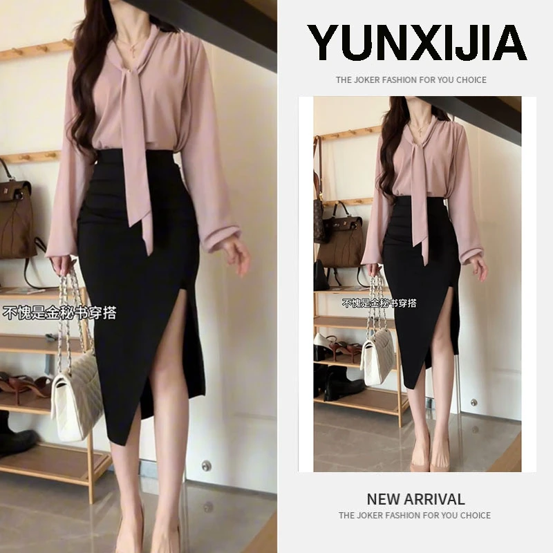 春季穿搭一整套2025新款韩系气质通勤减龄衬衫开叉半身裙两件套装