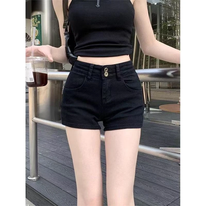 2025夏季新款美式复古黑色双扣牛仔短裤女新款高腰显瘦包臀裤子