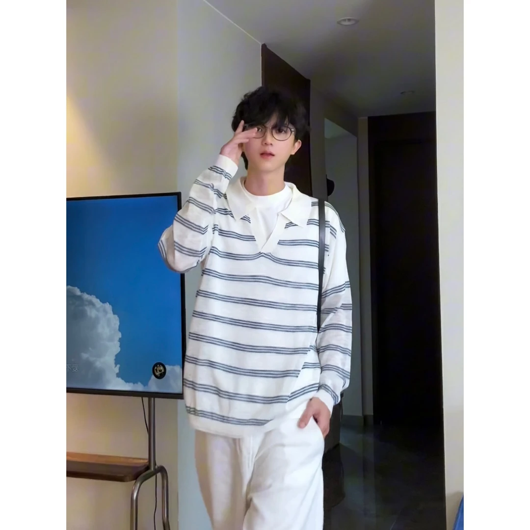 QIUYIDAODI白色条纹长袖男秋季新款老钱风上衣潮牌潮流男生长T恤