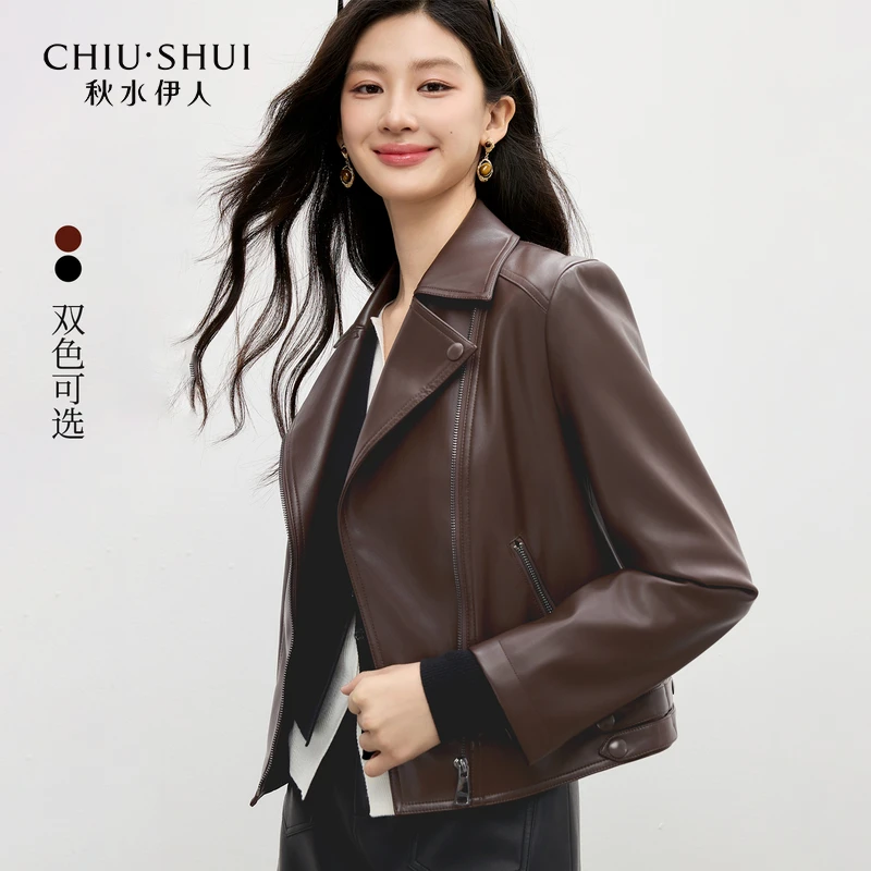 秋水伊人复古机车皮衣25新款柔软短款百搭黑色623112C261032