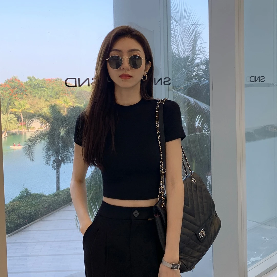 T恤女短袖2023年夏季紧身叠穿女装修身显瘦纯色螺纹短款体恤上衣