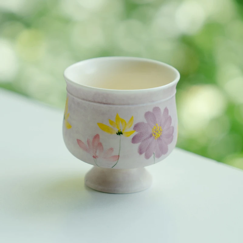 赞朴油画紫纯手绘繁花路野陶瓷高足杯主人杯单杯茶杯家用品茗杯子