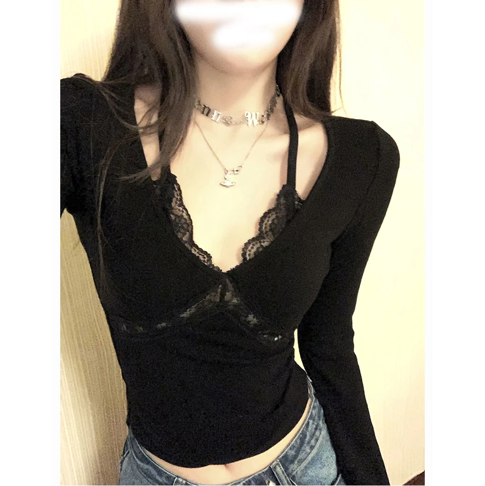 欲欲锁骨杀羊绒手感蕾丝辣妹打底衫内搭T恤女春季新款v领长袖上衣