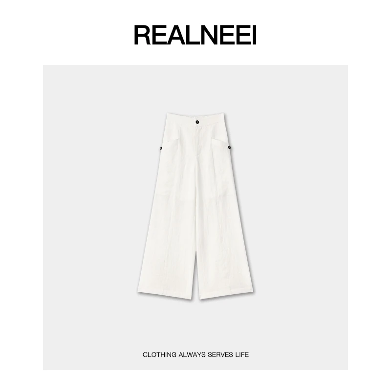 REALNEEI【轻麻】老钱风亚麻天丝高腰垂感休闲阔腿纯色长裤21416