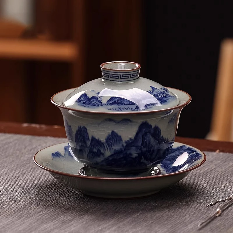 景德镇青花瓷千里江山三才盖碗茶杯家用2025新款泡茶碗茶具小套装