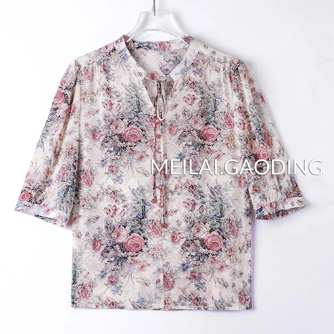 2025新夏季宽松复古碎花七分袖V领小衫-X021