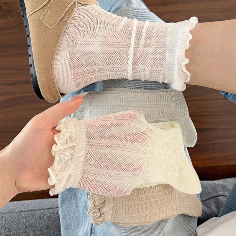 堆堆袜子女夏季薄款桑蚕丝中筒袜镂空透气网眼潮流木耳花边长筒袜