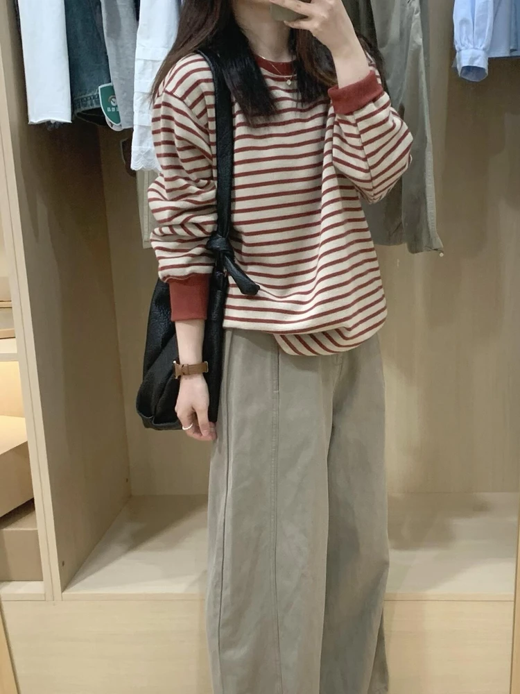涵蝶妮韩系慵懒风条纹长袖上衣2025秋季设计感小众宽松显瘦上衣