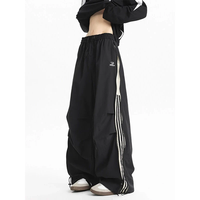 美式速干冲锋裤女夏季直筒宽松弯刀裤子百搭拉链侧条纹伞兵工装裤