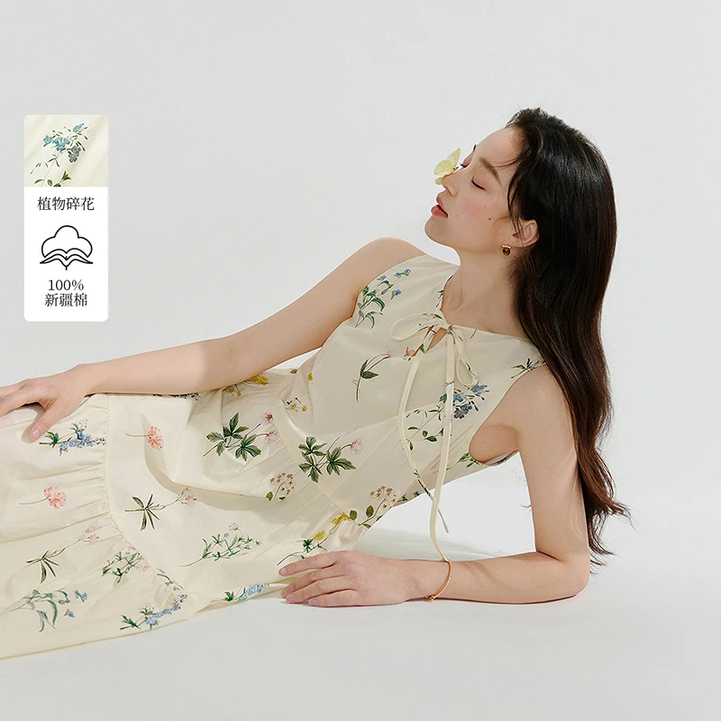 【欧若风新品】茵曼夏季甜美植物碎花纯棉连衣裙女宽松无袖背心长裙
