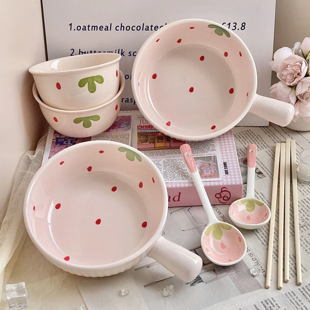 可爱草莓陶瓷双耳面碗釉下彩套装高颜值饭碗少女泡面家用餐具M