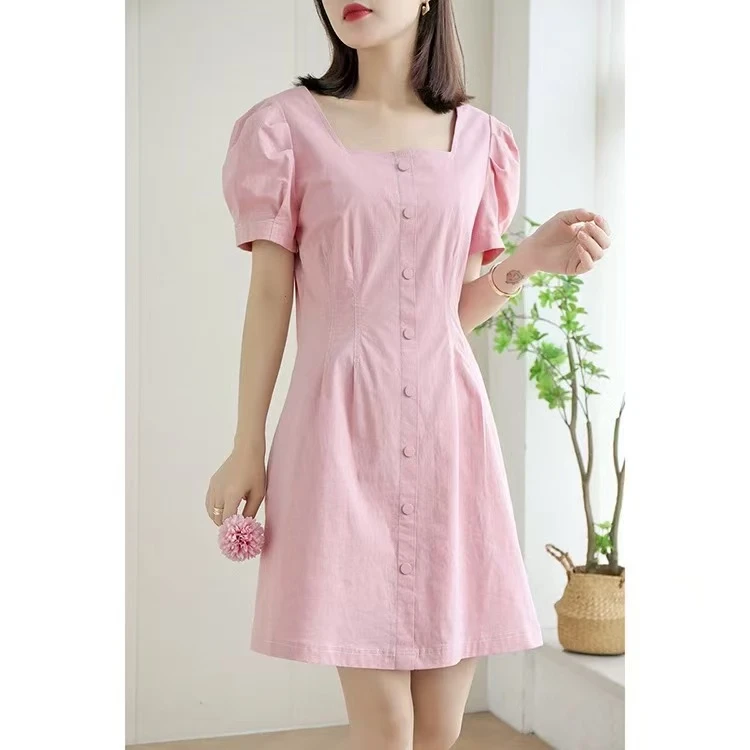 1274 韩版连衣裙女夏季新款桔梗茶歇裙方领泡泡袖公主裙子