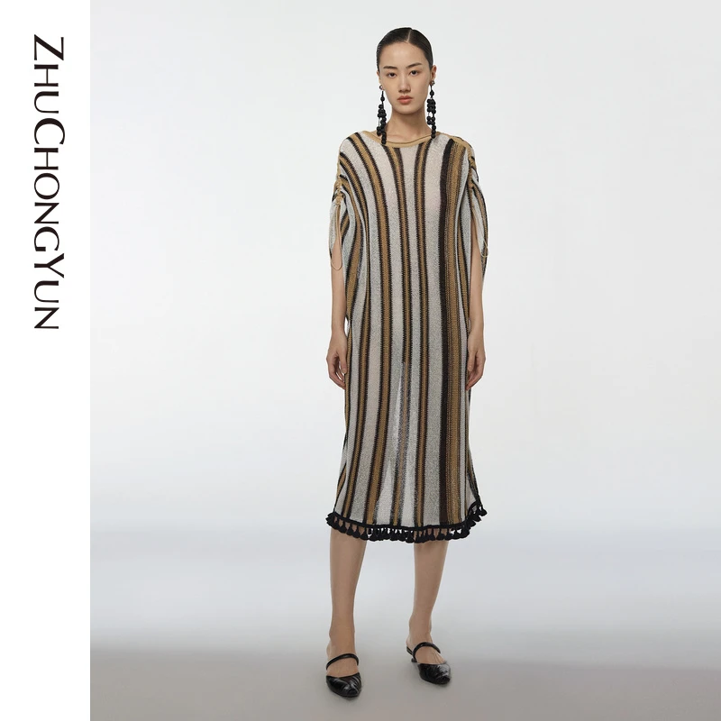 【米儿精选】ZHUCHONGYUN撞色条纹蝙蝠袖针织连衣裙长裙
