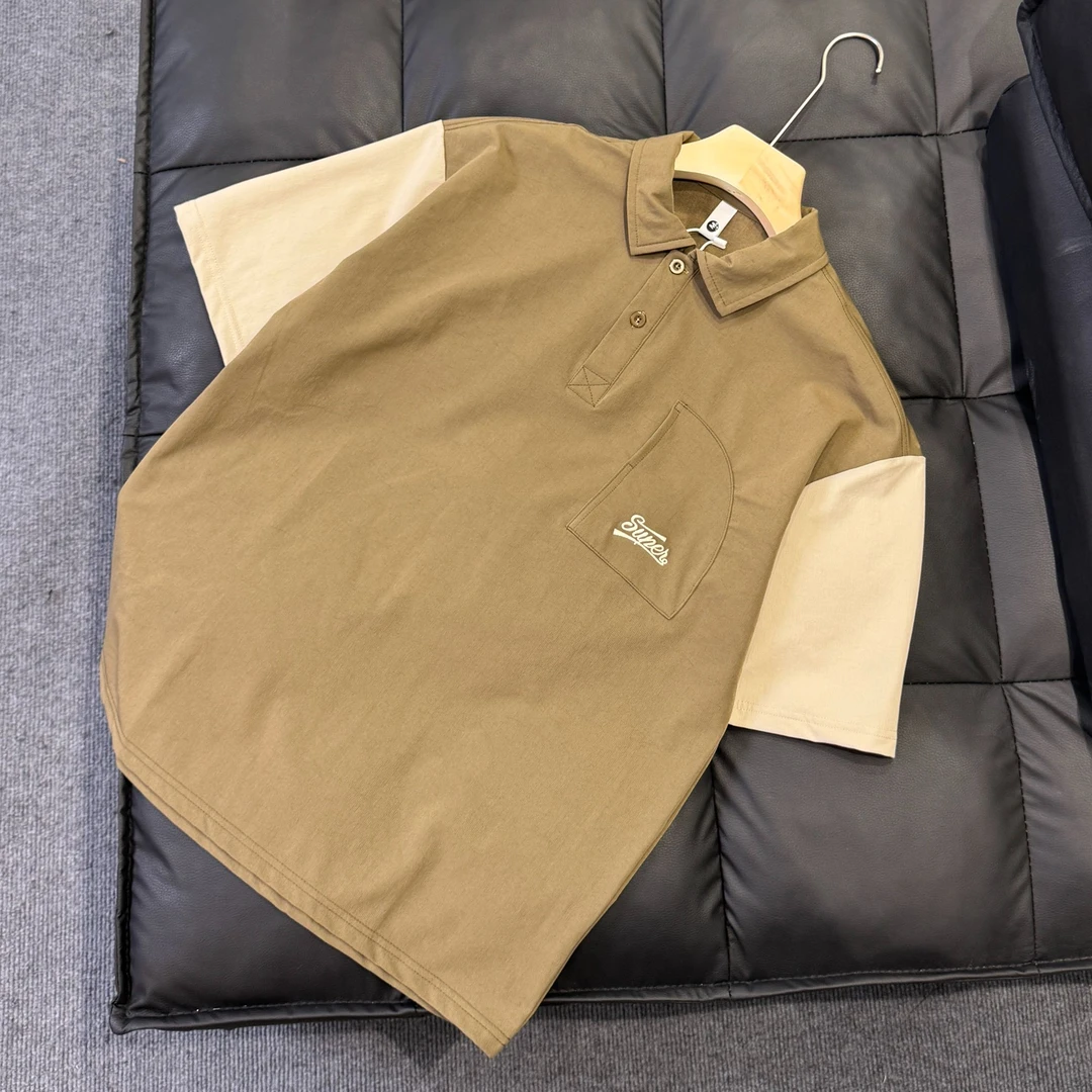 实拍2025夏季新款短袖Polo男宽松百搭拼接翻领短袖T恤立领男款