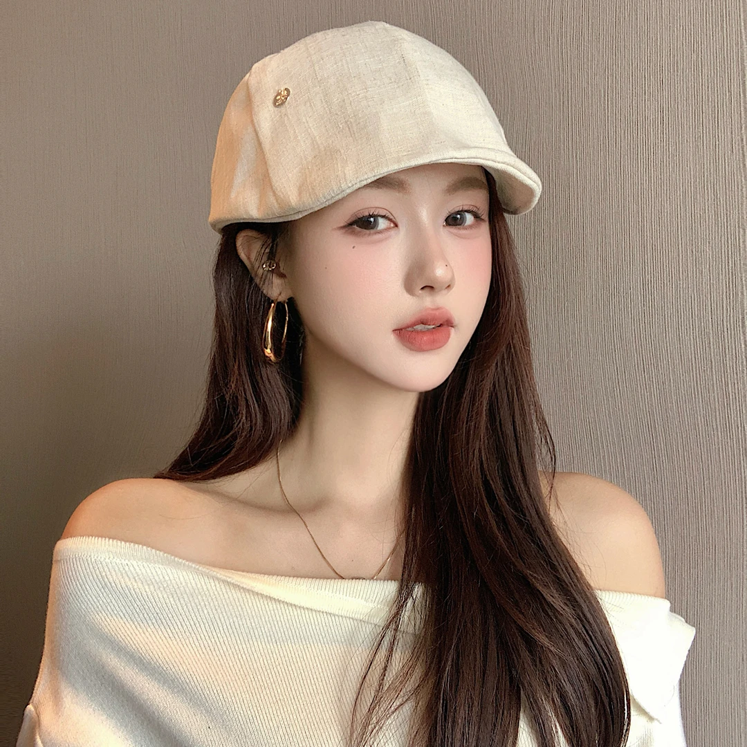 日系文艺棉麻前进帽女夏季薄款透气防晒鸭舌报童帽复古百搭贝雷帽