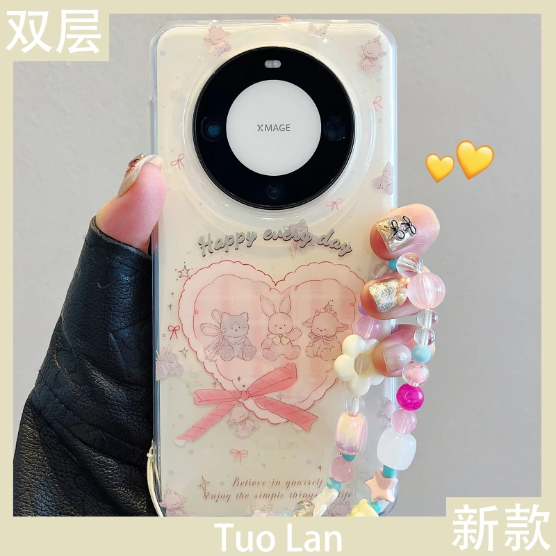 适用华为mate60pro+手机壳爱心兔猫咪蝴蝶结花朵mate70挂绳pura70