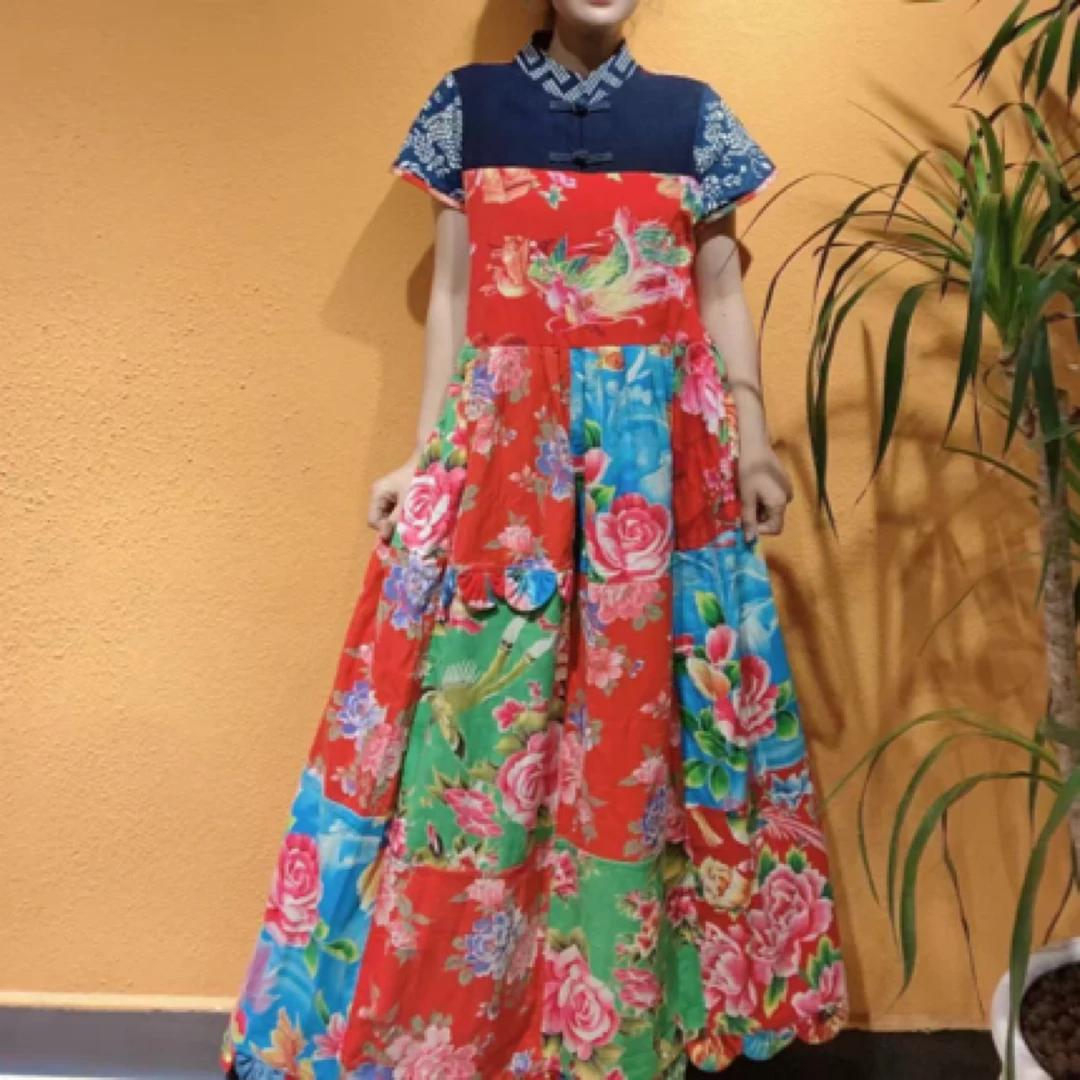 民族风经典老花布时尚拼接连衣裙