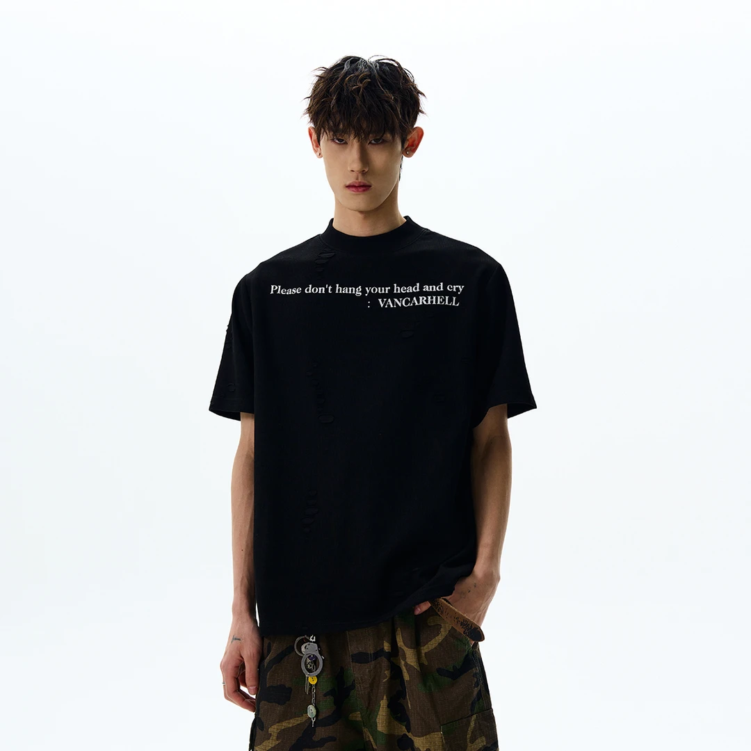 A PUEE美式复古cleanfit字母标语破洞短袖T恤高级感百搭宽松上衣