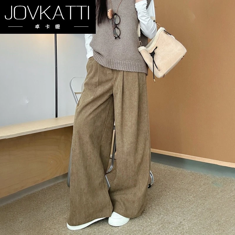 咖色灯芯绒西装裤女2025新款秋冬季高腰宽松直筒拖地休闲阔腿裤子