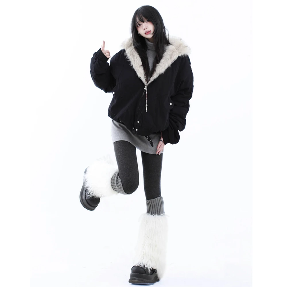 美式复古座山雕毛领加绒加厚棉服夹克女冬季工装短款外套连帽休闲