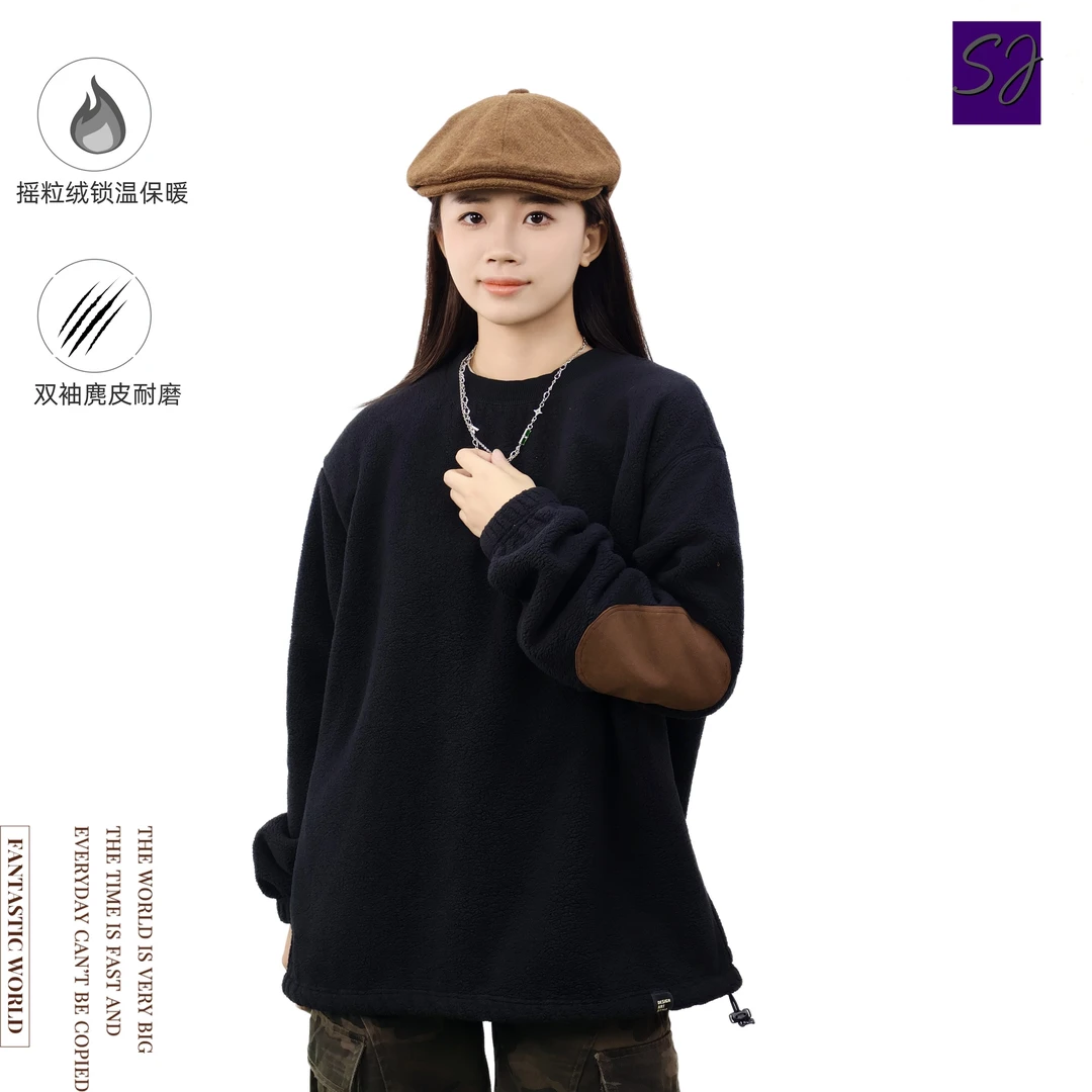 BLNK新款加绒圆领男装上衣宽松秋冬翻毛皮袖口保暖摇粒绒口袋卫衣