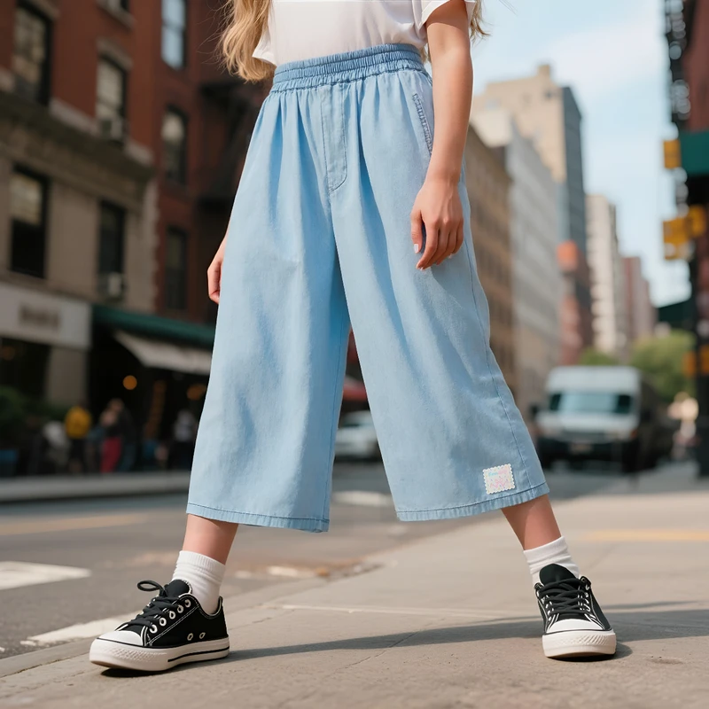 MQD童装女大童25夏季薄款透气超软阔腿直筒八分牛仔裤BD25221487