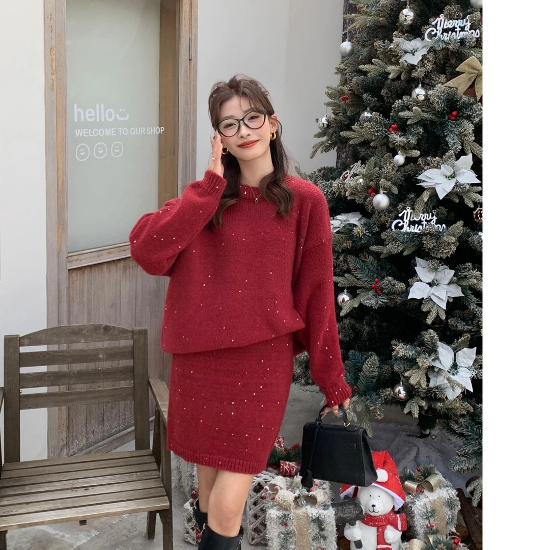 秋冬千金风时尚过年战袍套装亮晶晶吸睛穿搭上衣+短裙两件套潮流