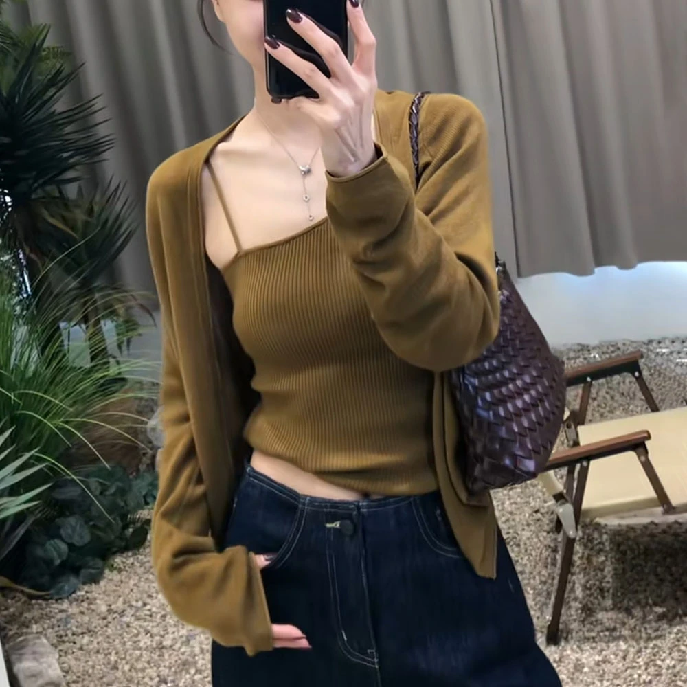 早秋新款女假两件针织衫时尚高级感修身显瘦洋气减龄打底衫上衣