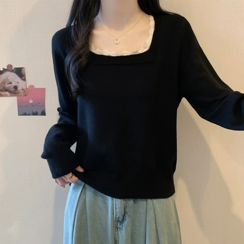 大码蕾丝拼接方领长袖针织打底衫女春秋胖MM宽松显瘦百搭洋气上衣