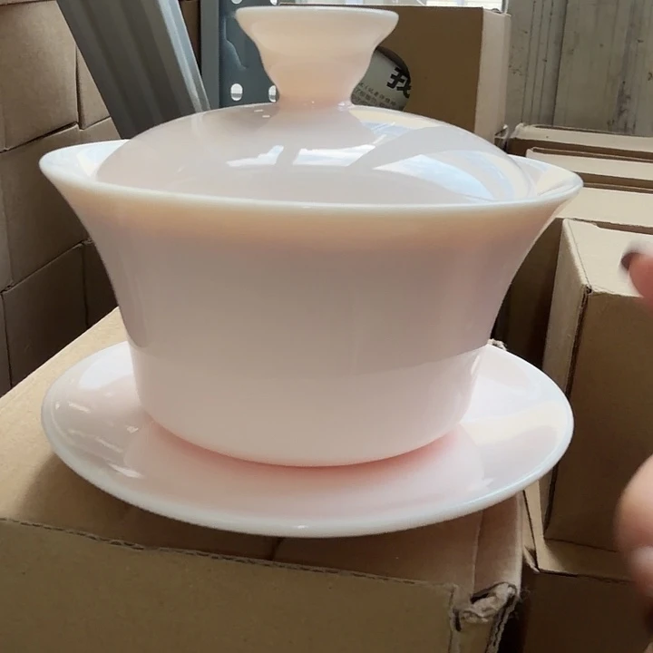 高端羊脂玉宝石粉三才盖碗盖下150