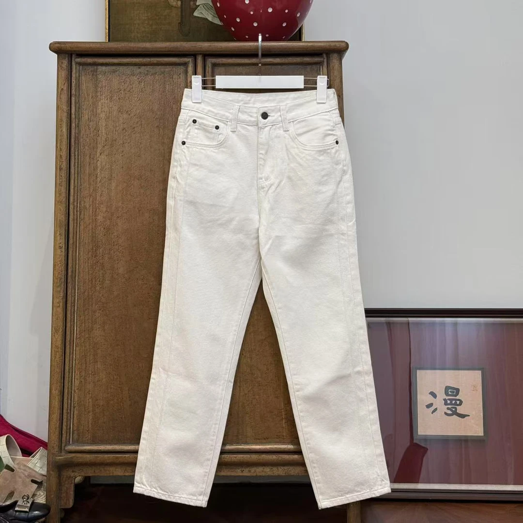 MYL 2025春夏新品纯棉白色牛仔裤中腰直筒纯色时尚休闲通勤长裤