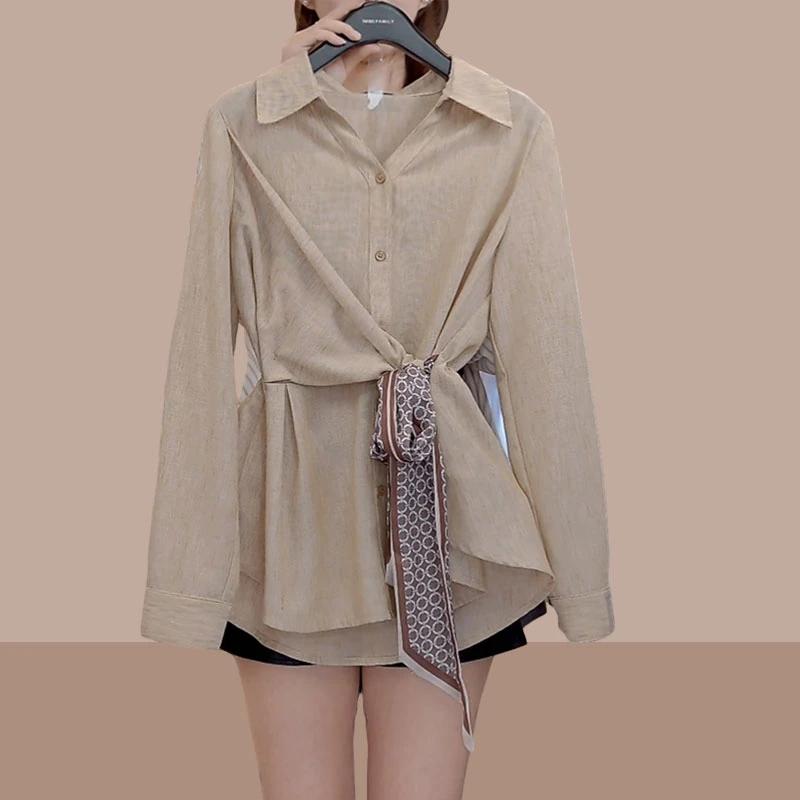 法式慵懒风翻领长袖衬衫女2025春秋时尚新款复古洋气绑带收腰上衣