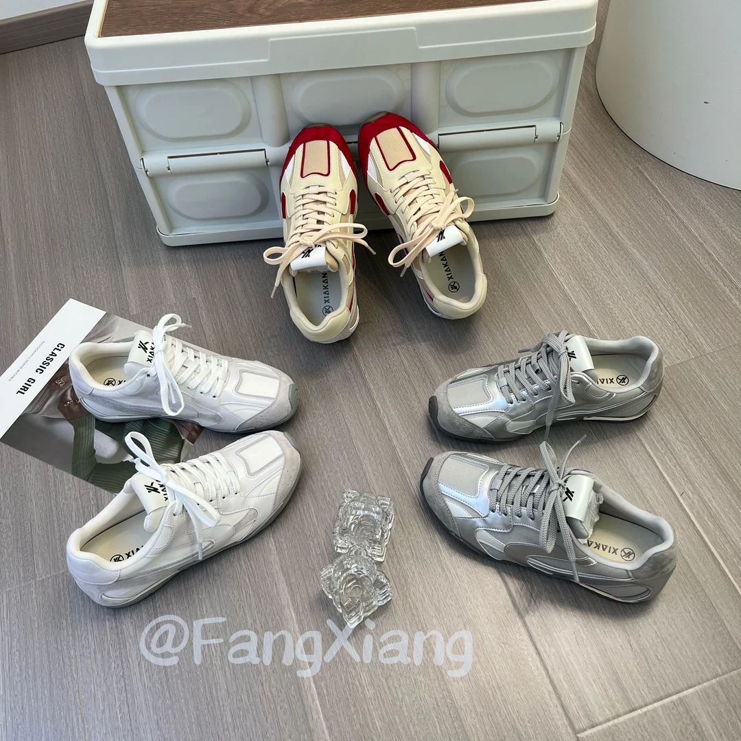 【夏侃】女鞋严选复古拼色系带休闲鞋女阿甘德训鞋子平底运动鞋女