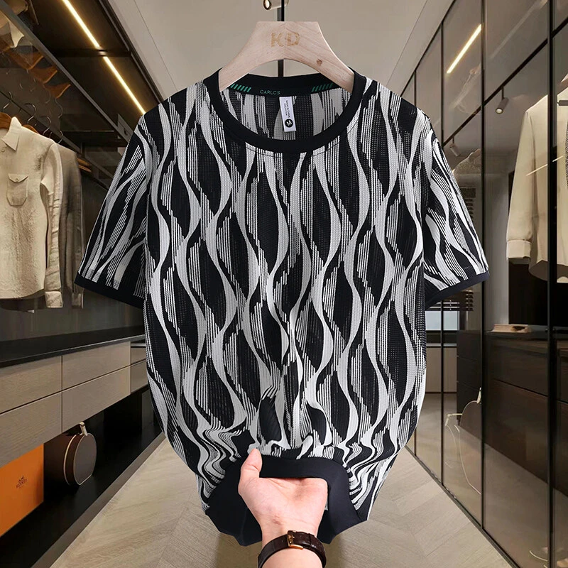 夏季新款男士冰丝短袖T恤潮流时尚百搭修身薄款圆领上衣