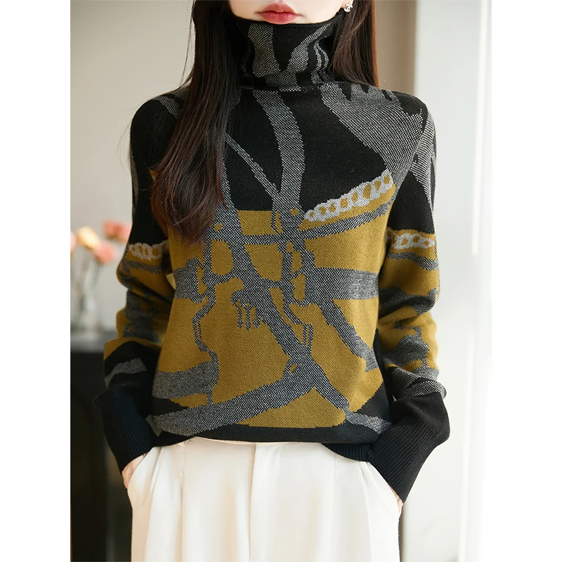 撞色气质堆堆领针织衫女秋冬显瘦时尚内搭精纺打底衫宽松长袖毛衣