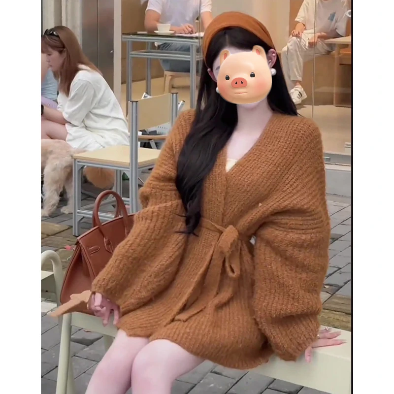 美拉德穿搭收腰绑带毛衣开衫女秋冬季慵懒风针织外套早秋chic上衣