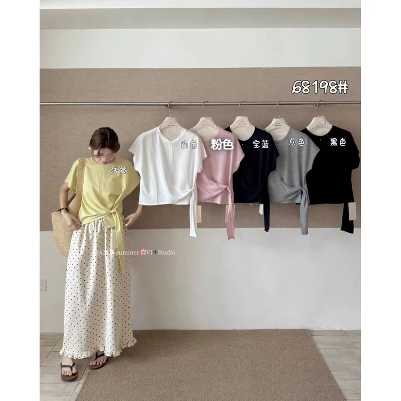 (6-8运贴)领口小扣别致绑带收腰设计短袖T恤短款好搭宽松上衣