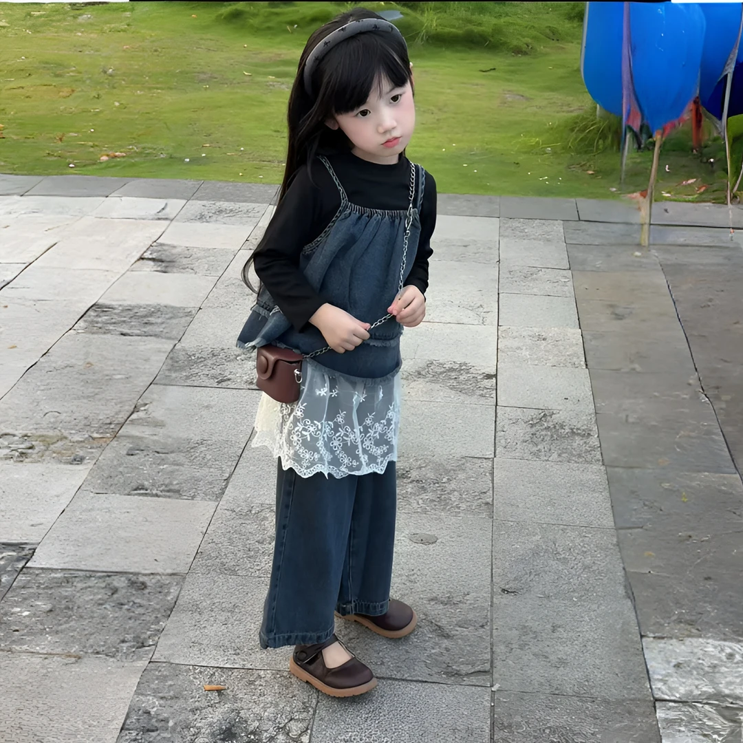 秋季女童牛仔吊带套装韩版童装儿童夏季蓝色背心屁帘阔腿裤三件套