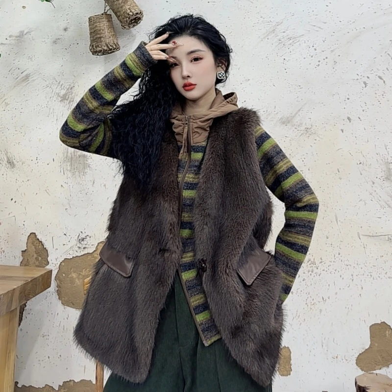 【亿火】秋冬新款中长款韩版修身毛毛背心时尚外套马甲G151-256090